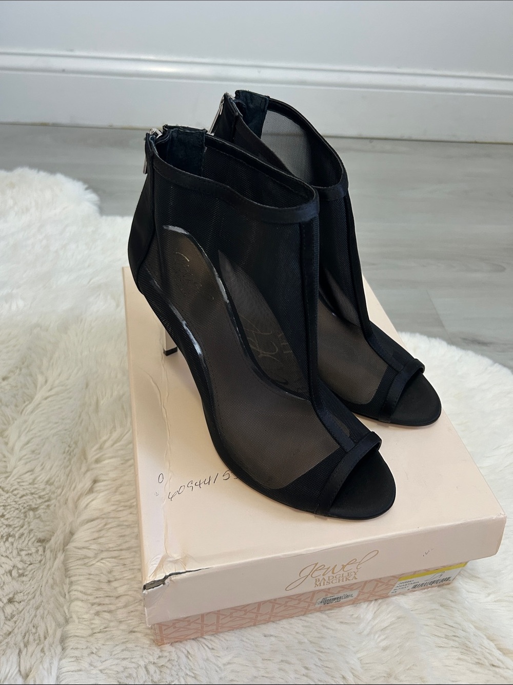 Jewel Badgley Mischka Anastasia Black Mesh Peep Toe Heels